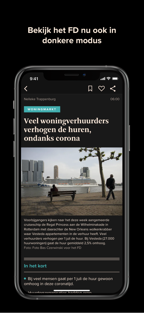 住宅市場に関するニュース記事をダークモードで表示しているFDアプリを搭載したスマートフォン。