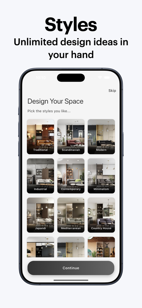 Tela de aplicativo móvel mostrando vários estilos de design de interiores, incluindo Escandinavo Moderno e Industrial para reforma de casas
