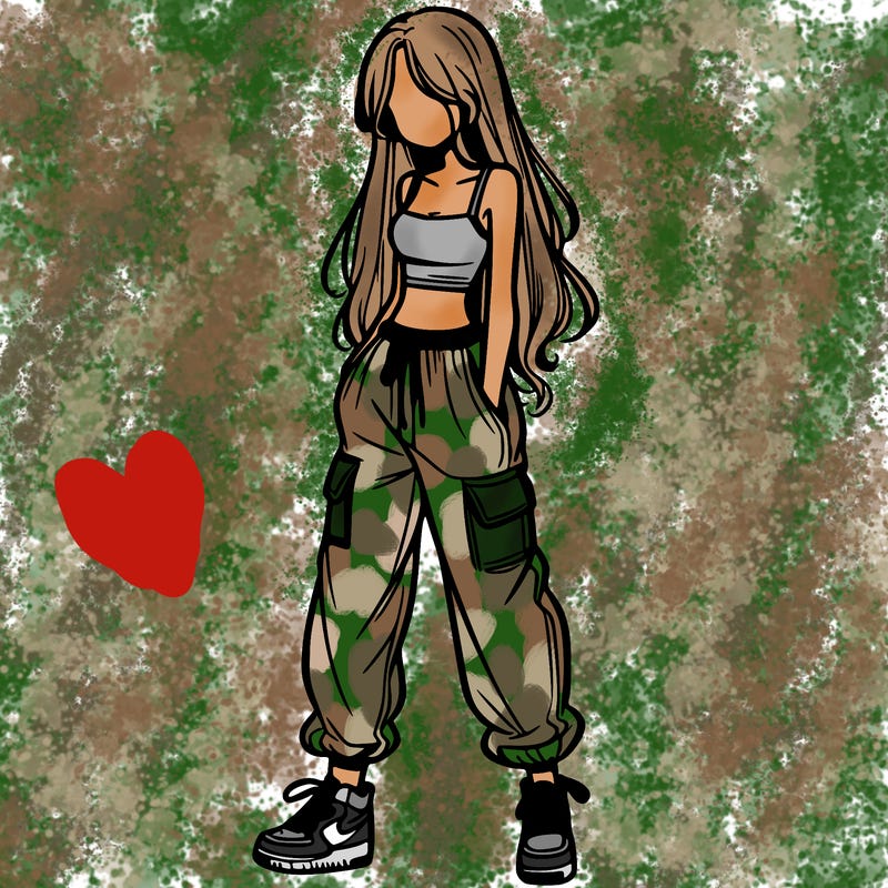 girl in baggy pants crop top and long hair