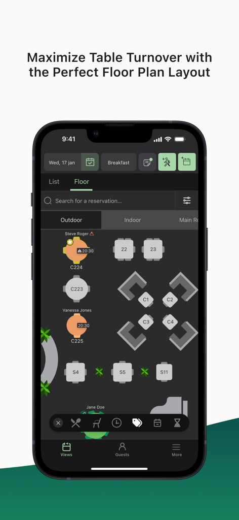 Servme - Ein mobiler Bildschirm, der den Servme App-Grundriss des Restaurants mit Tischzuweisungen und Reservierungen zeigt