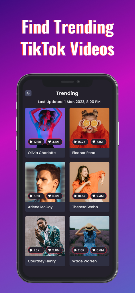 Mobile app interface displaying trending TikTok videos with view and like counts
