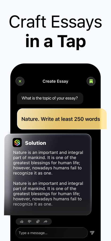 Solvo: AI Homework Helper - Interfaz de la aplicación móvil Solvo AI mostrando un borrador de ensayo sobre la naturaleza generado a partir de una indicación de texto.