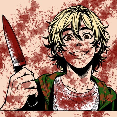 teenage realistic guy with long ish hair holding a knife and has a big grin