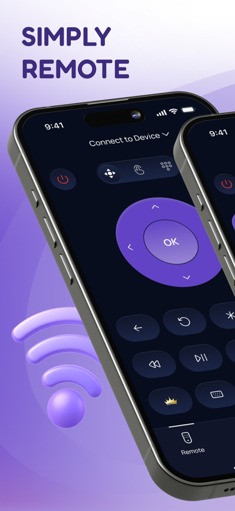 Universal Remote TV ◦ for Roku - iPhone mostrando la interfaz de la aplicación Control Remoto Universal TV para Roku con un mando de navegación morado