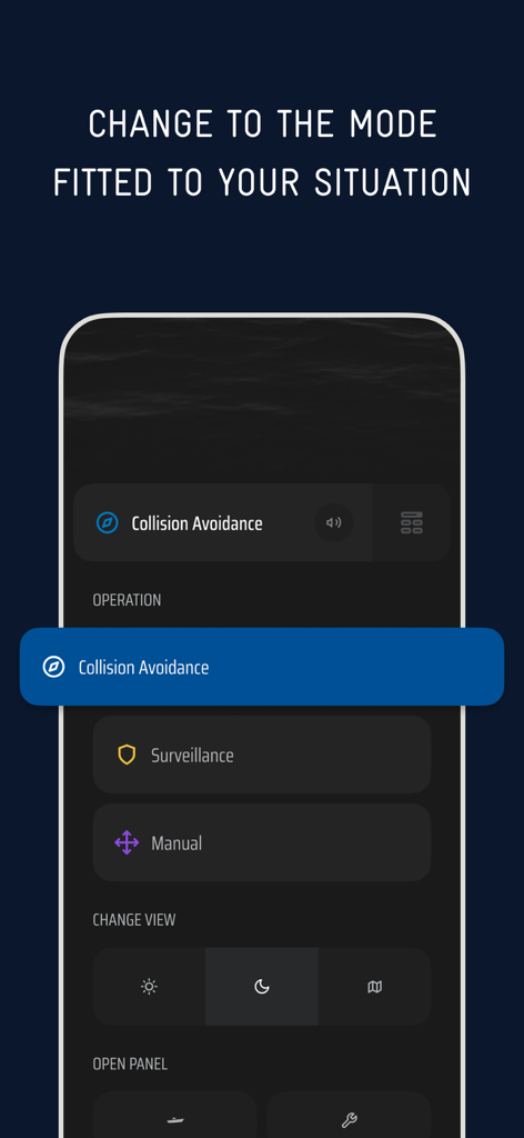 Interface de l'application SEA.AI Oceanus montrant les modes de navigation maritime, y compris l'évitement des collisions et la surveillance.