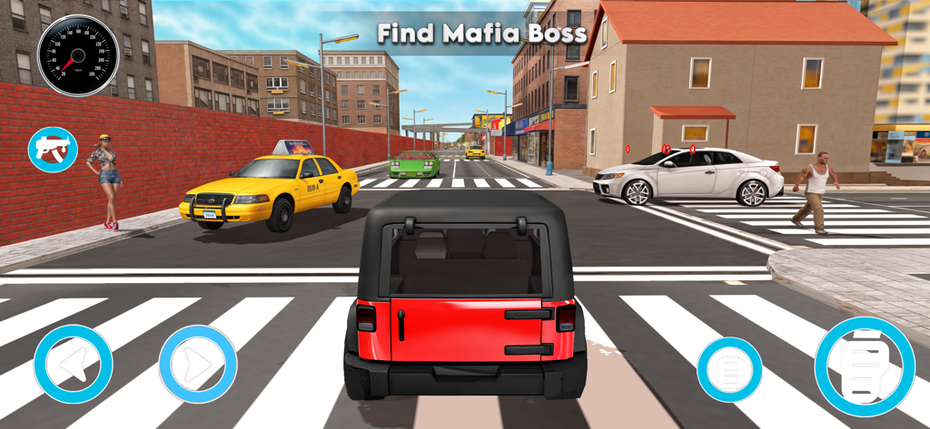 Vegas city Gangster 3D - A red SUV driving through city streets in Vegas City Gangster 3D with a mission objective to find the mafia boss