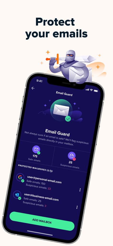 Avast Security and Privacy app dashboard for protecting email accounts from scams and suspicious content