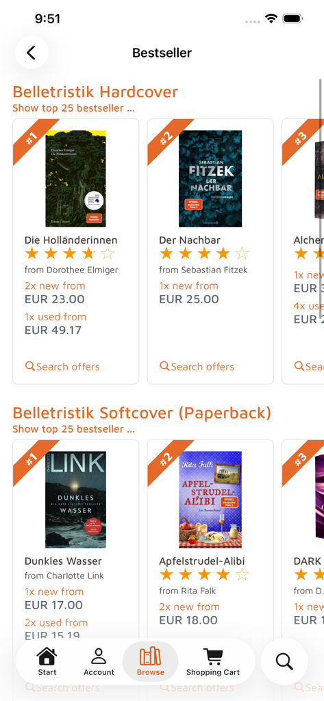Buchfreund - Lista de los más vendidos en la aplicación Buchfreund que muestra los mejores libros de tapa dura y blanda con calificaciones y precios.