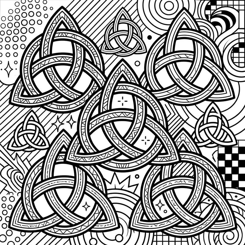 Dive into a world where ancient symbolism meets modern flair with this captivating Celtic Triquetras Pop Art coloring page. Featuring intricate Irish knots set against a dynamic, comic-book-inspired background, it promises a vibrant coloring adventure.