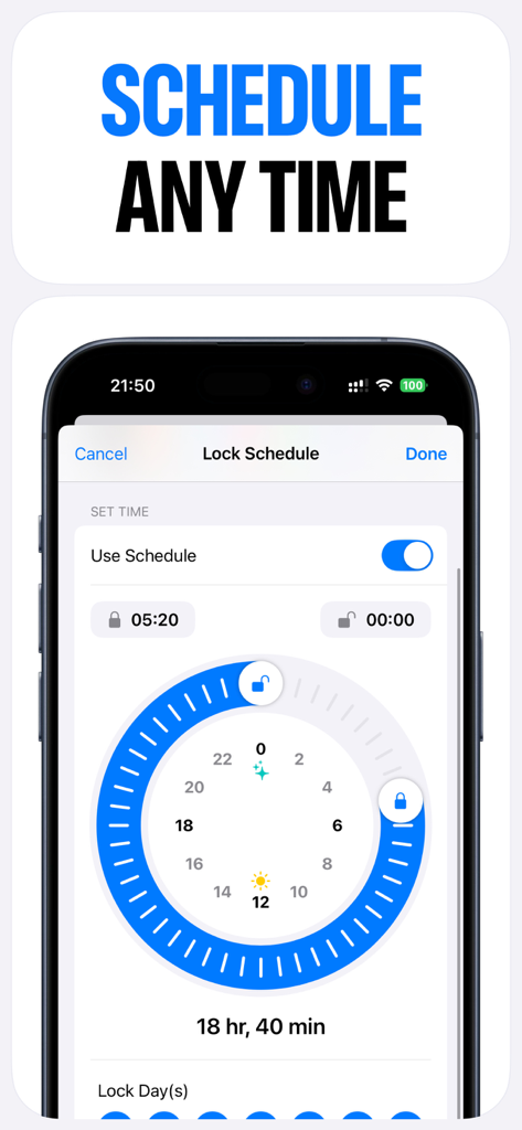 App Lock - Password For Apps - App Lock interface showing the scheduled locking feature with a circular time picker on an iPhone screen