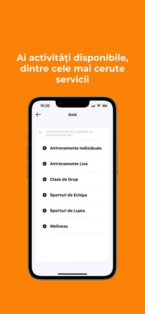 Screenshot of SanoPass app displaying available fitness and wellness activity categories.