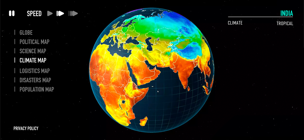A 3D interactive globe showing a colorful climate map with a navigation menu for political science and population layers.