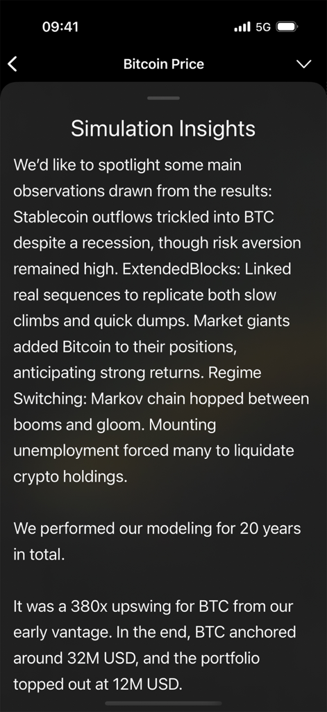 市場シナリオと長期ポートフォリオ予測のテキストベースの要約を提供するBitcoin Simアプリのシミュレーション洞察画面。