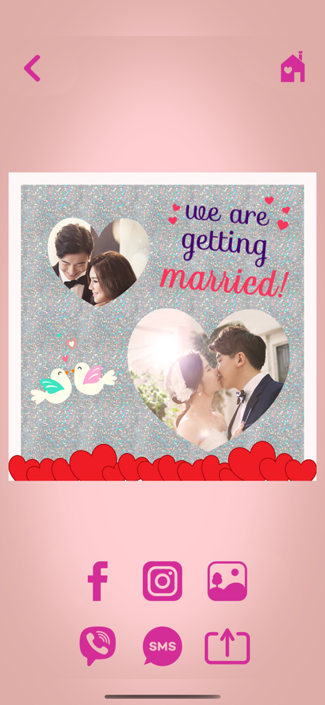 Love Pic - Photo Collage Maker - Romantische Hochzeitsankündigungs-Collage mit herzförmigen Fotos und Social-Sharing-Icons