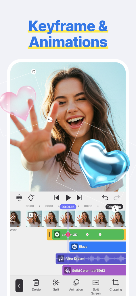 Interface de l'application d'édition vidéo Spring montrant des animations d'images clés avec des autocollants de cœur 3D sur une timeline vidéo