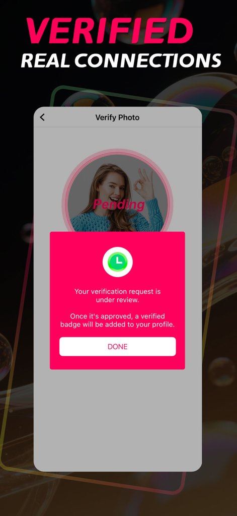 3Somer: Couple, Singles Dating - Screenshot of the 3Somer app showing a user photo verification request pending review for profile authenticity