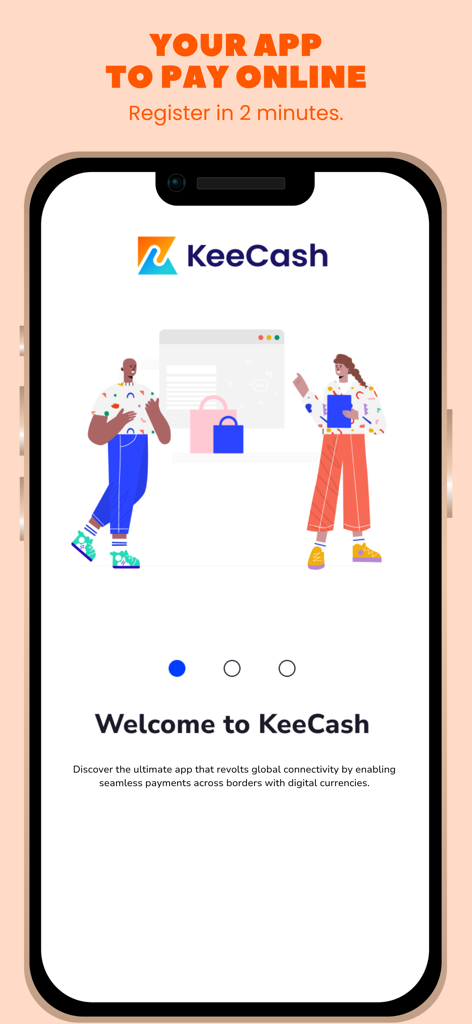 KeeCash - Pantalla de bienvenida de la aplicación KeeCash destacando la conectividad global y los pagos en línea con divisas digitales