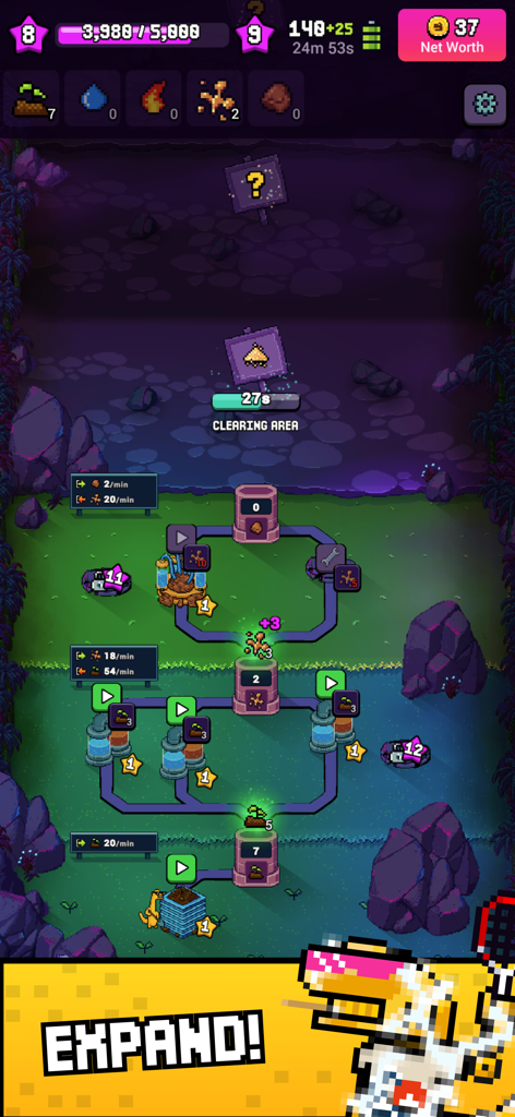 Capture d'écran en jeu de Craft World Builder montrant des lignes de production automatisées et l'expansion de la zone