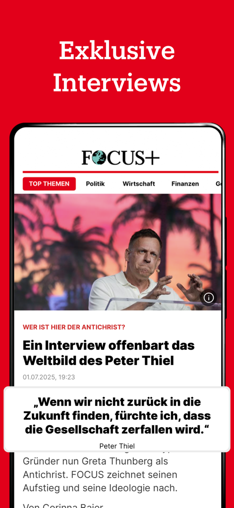 Pantalla de smartphone que muestra un artículo de entrevista exclusiva en la aplicación de noticias FOCUS+