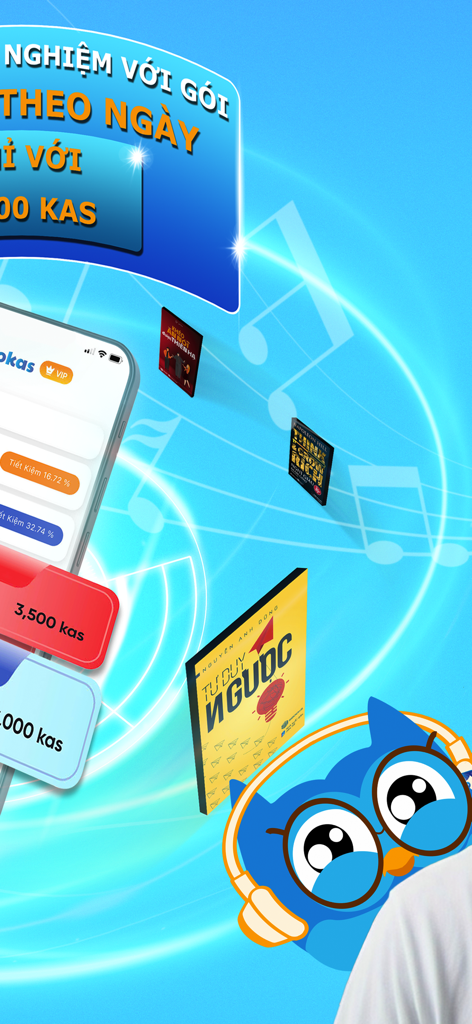 Bookas - Sách nói & Truyện - A promotional graphic for the Bookas app featuring a blue owl mascot with headphones and Vietnamese audiobook covers