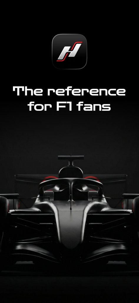 Hyprace - Hyprace App Splashscreen mit einem Formel 1 Auto und dem Text Die Referenz für F1-Fans