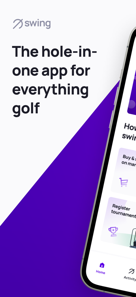 Swing - Multisport App - Swingアプリのホーム画面。ゴルフ予約とトーナメント登録オプションを表示