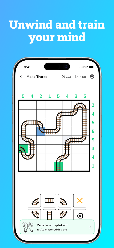 A completed Make Tracks logic puzzle on the Puzzler app interface.