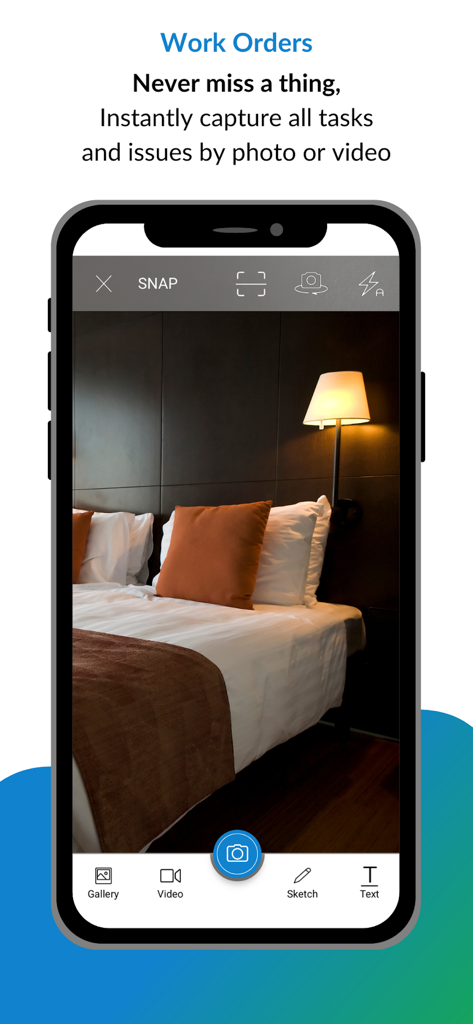 Snapfix: Smarter Maintenance - Snapfix mobile app interface capturing a photo of a hotel room to create a maintenance work order