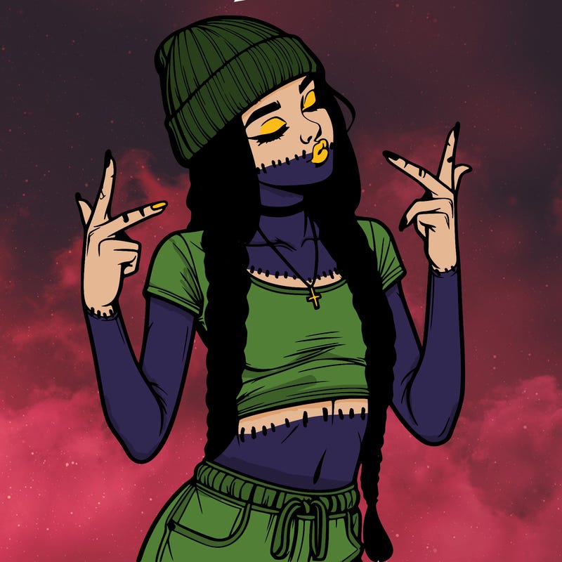 realistic teenage girl with braids and a beanie and crop top doing 🫶🏼