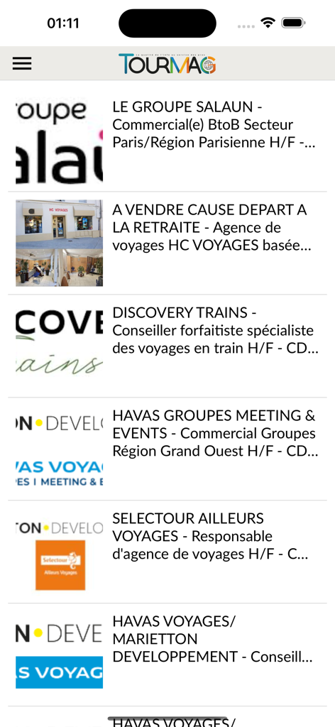 TourMaG app interface showing a list of job offers and business opportunities in the French tourism industry