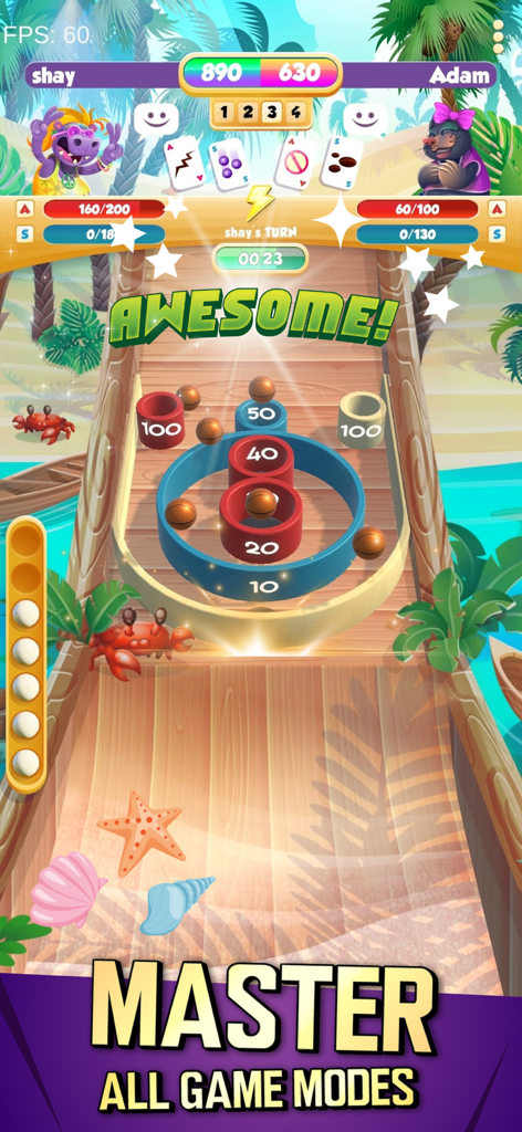 1v1 multiplayer match in the SkeeBoost arcade game featuring a tropical beach theme and target scoring