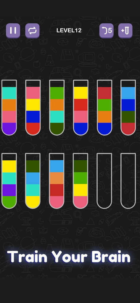Water Sorting Color IQ Puzzle - Nivel 12 del juego de Puzzle de Ordenar Agua Color IQ que muestra tubos de ensayo con líquidos coloridos y el texto Entrena tu Cerebro