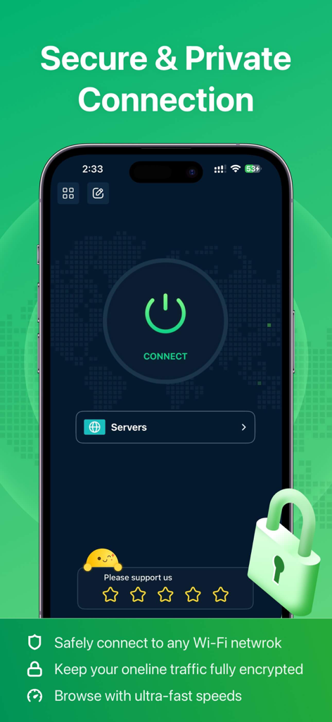 Interfaz de la aplicación XY VPN en un iPhone que muestra funciones para conexiones seguras y privadas
