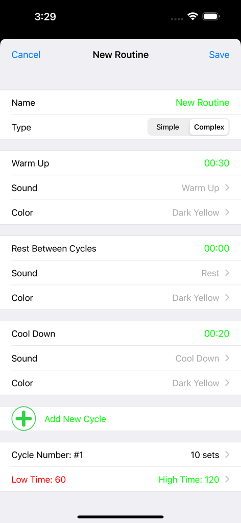 Interfaz para crear y personalizar una nueva rutina de entrenamiento HIIT compleja que muestra ajustes para calentamiento, ciclos y enfriamiento.