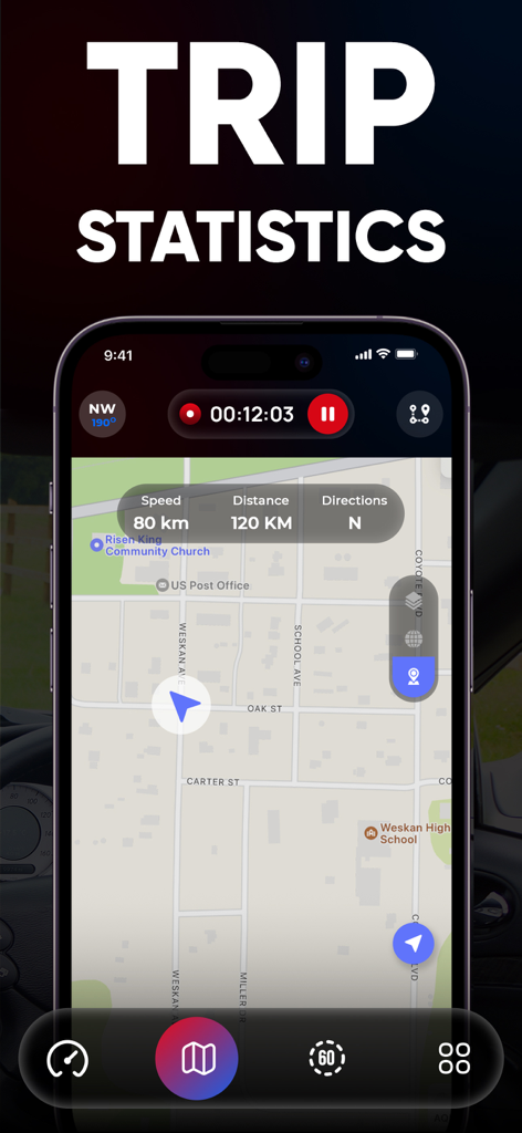 GPS Speedometer- Speed Tracker - Interface do aplicativo GPS Speedometer mostrando dados de viagem ao vivo e rastreamento de mapa
