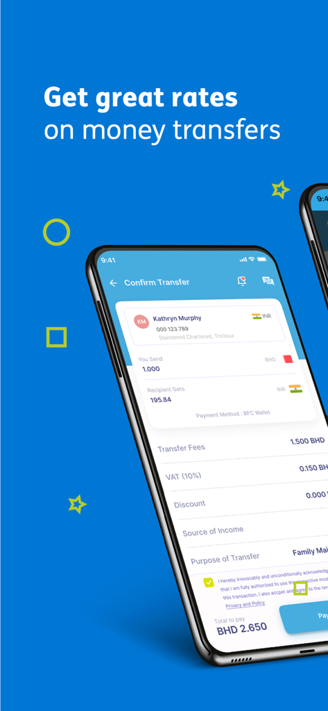 BFC Pay - 送金確認の詳細（為替レートや受取人情報を含む）を示すモバイルアプリの画面。
