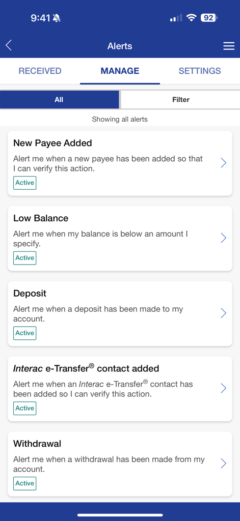 Polish Credit Union Mobile - Interface of the Polish Credit Union Mobile app showing active account alerts for low balance deposits and withdrawals