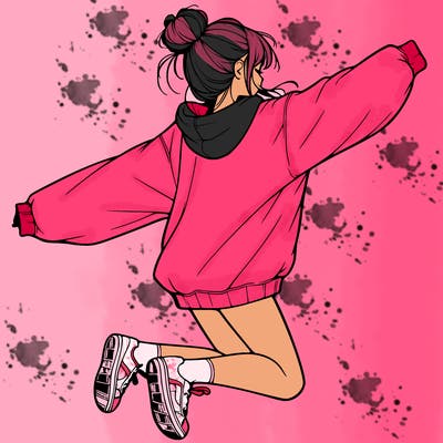 realistic girl jumping with a bun and oversized sweatshirt