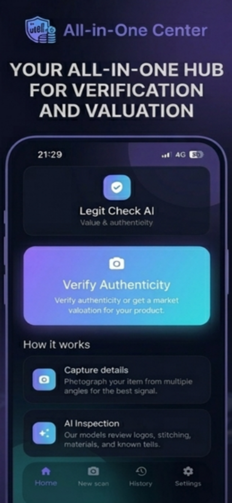 Legit Check AI : Fake Scanner - Legit Check AI app dashboard for product authentication and market valuation