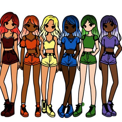 a group of girls wearing crop tops and shorts