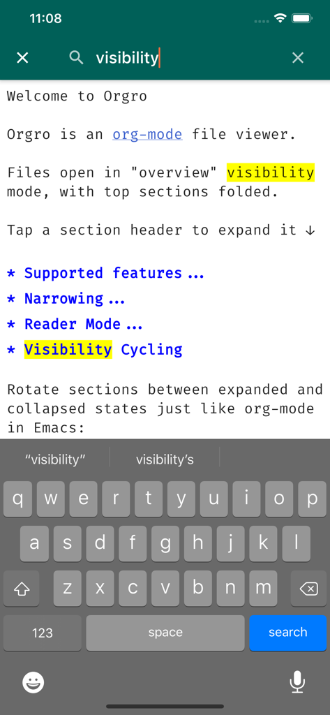 Orgro mobile app interface showing a search for visibility in an Org Mode document with collapsed section headers.