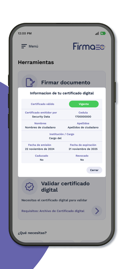 FirmaEC móvil - Aplicación FirmaEC movil mostrando información del certificado digital y estado de validez para firmas electrónicas
