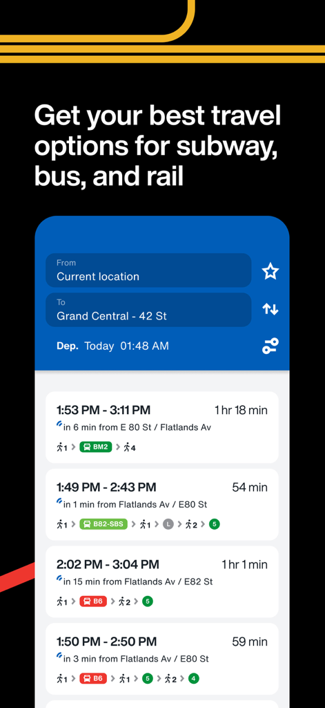 The Official MTA App interface showing various route options for subway, bus, and rail to Grand Central.