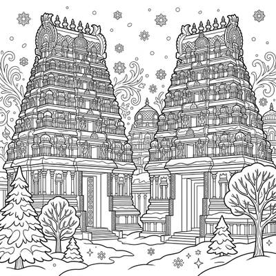 Journey to a peaceful winter scene with this stunning coloring page featuring ornate Hindu temples blanketed in snow. Immerse yourself in the intricate details of this sacred architecture amidst a frosty landscape.