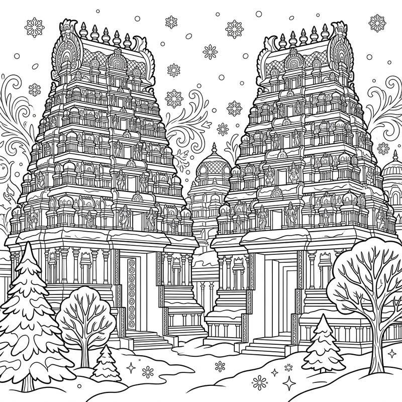Journey to a peaceful winter scene with this stunning coloring page featuring ornate Hindu temples blanketed in snow. Immerse yourself in the intricate details of this sacred architecture amidst a frosty landscape.