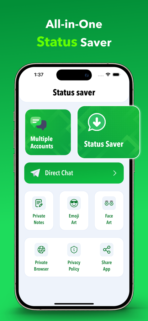 Status Saver - Download Status - Mobile App-Oberfläche für Status Saver, die Tools zur Verwaltung mehrerer Konten und zum Speichern von Social-Media-Statusmeldungen anzeigt