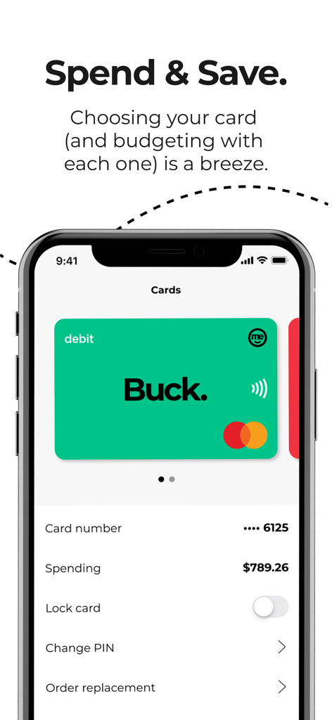 ME Bank - ME Bank app interface displaying a green Buck debit card with options to lock the card, view spending, and change the PIN.