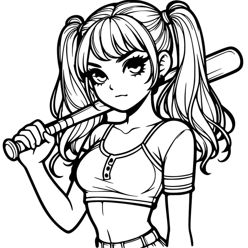 a realistic girl with ponytails she had a croptop and is holding a baseball bat above her shoulder