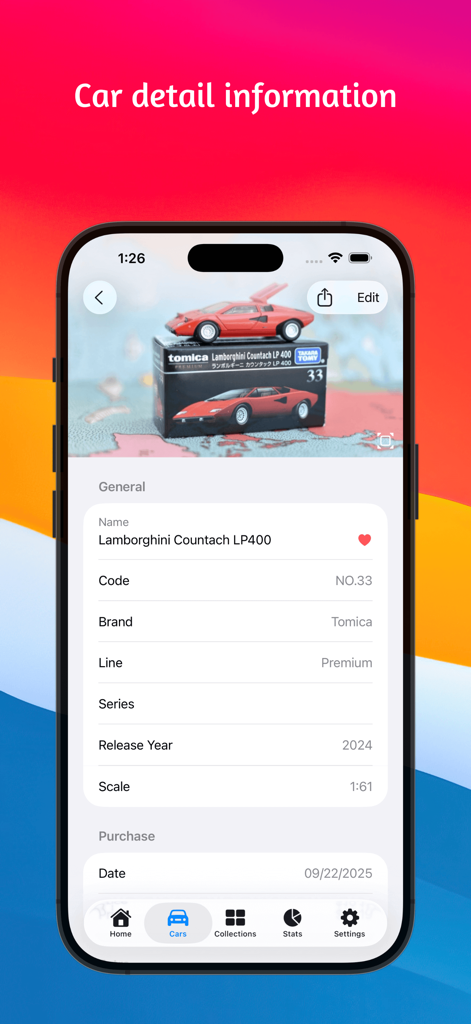 My Diecast Cars - A mobile app screen showing detailed information for a diecast Lamborghini model including brand and scale