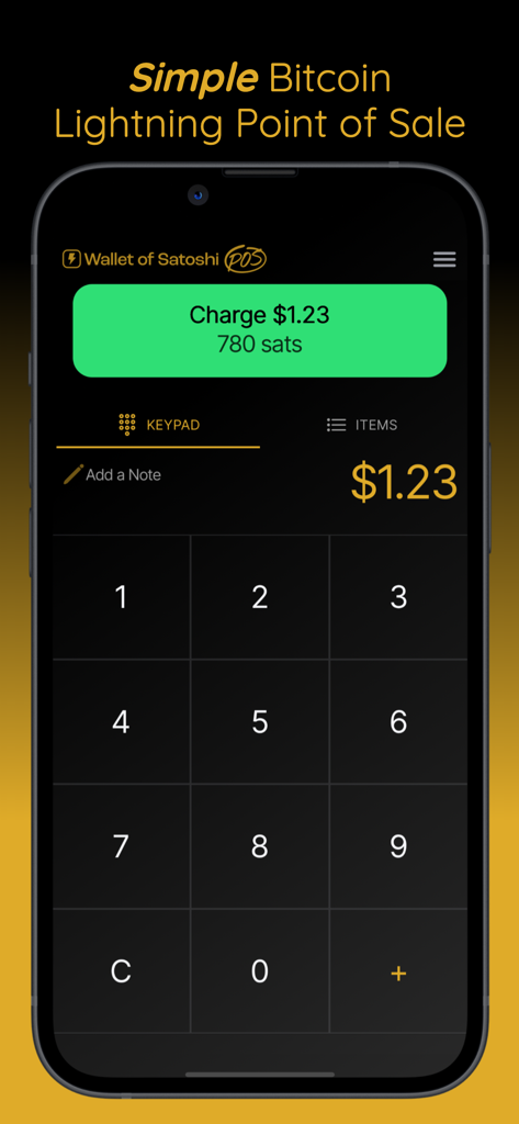 Wallet of Satoshi POS - Wallet of Satoshi POSモバイルアプリのインターフェース。Bitcoinのsatsでの支払い金額を入力するためのテンキーが表示されています。